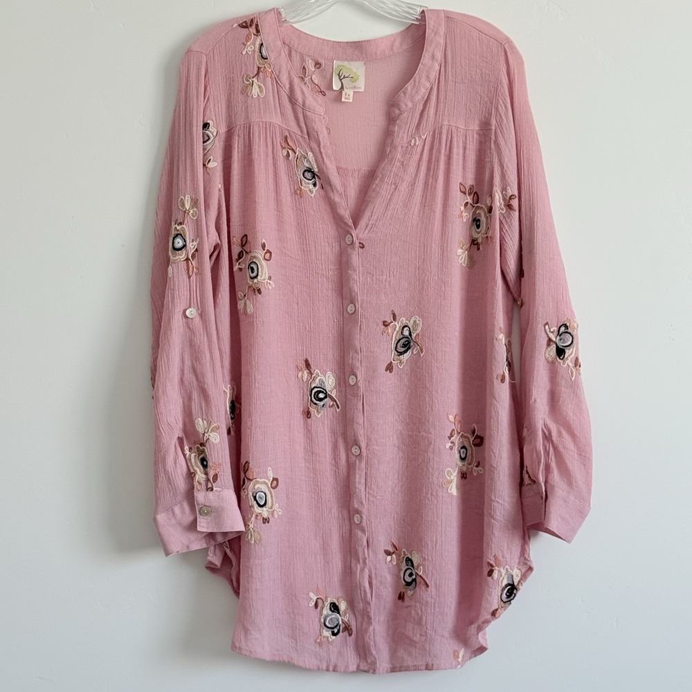 Anthropologie Fig & Flower Blouse Top 1X Pink Embroidered Boho Tunic Whimsical